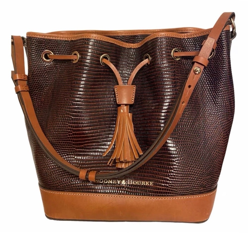 Dooney & Bourke Drawstring Bucket Bag Cognac Leather With Tassel